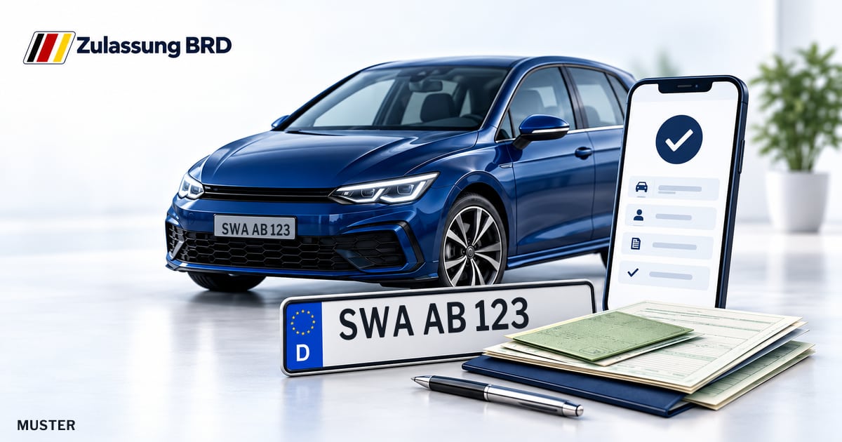 Online Fahrzeugzulassung in Niedernhausen: Musterkennzeichen SWA AB 123, Auto und Fahrzeugpapiere und Smartphone. Illustration mit Logo von Zulassung BRD.